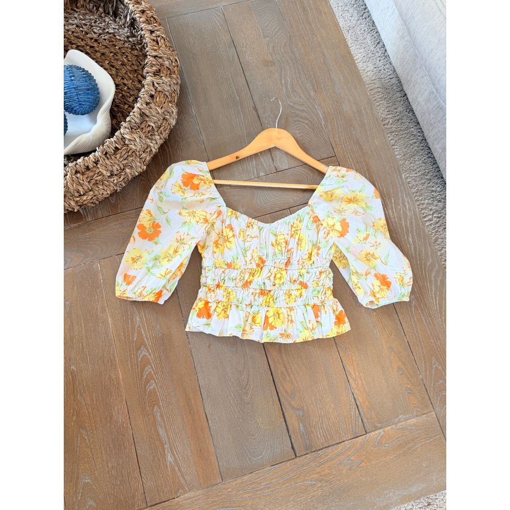 Faithfull‎ The Brand Floral Smocked Puff Sleeve Top Womens Yellow Orange Size S